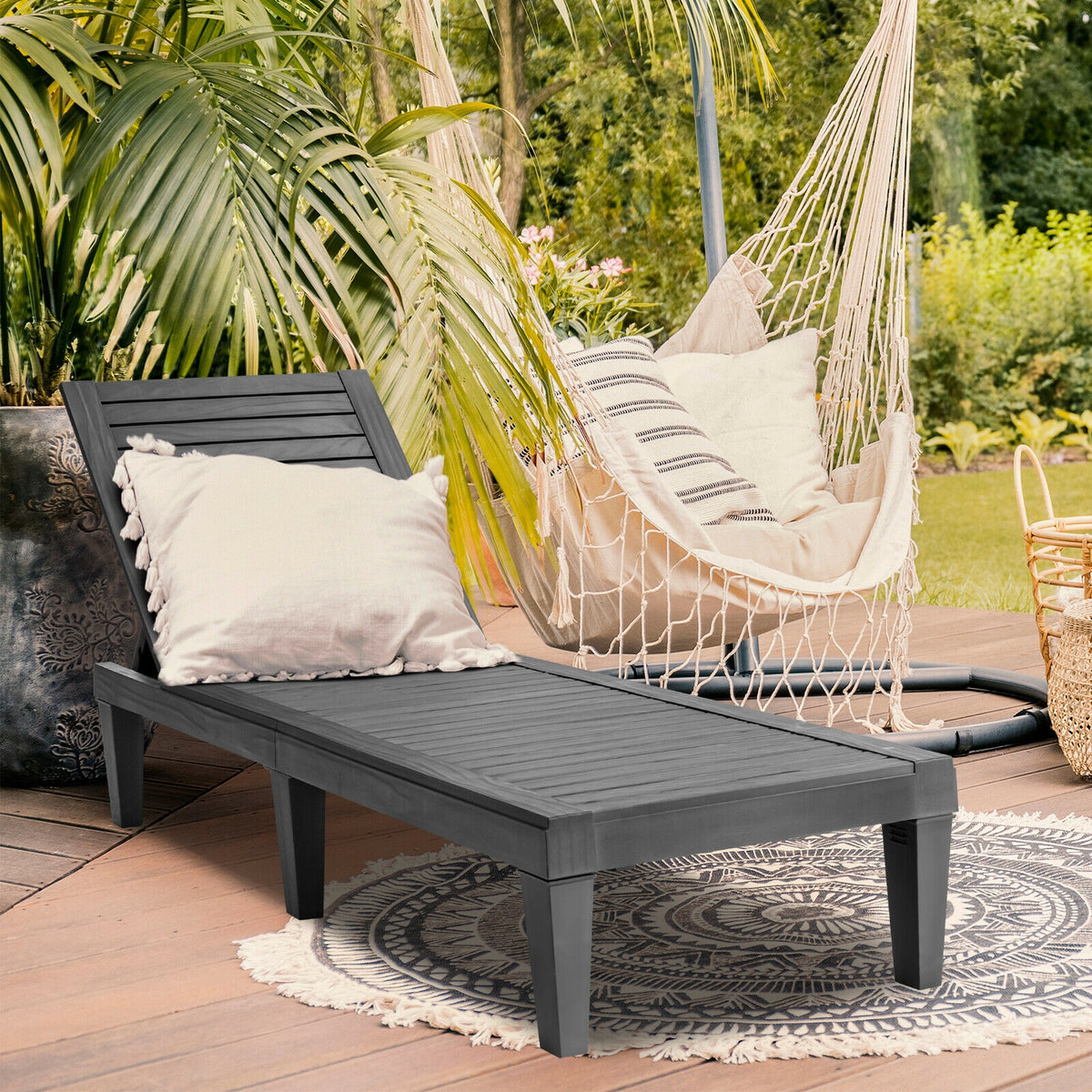 Outdoor Chaise Lounge Chair 5-Position Adjustable Backrest - Black