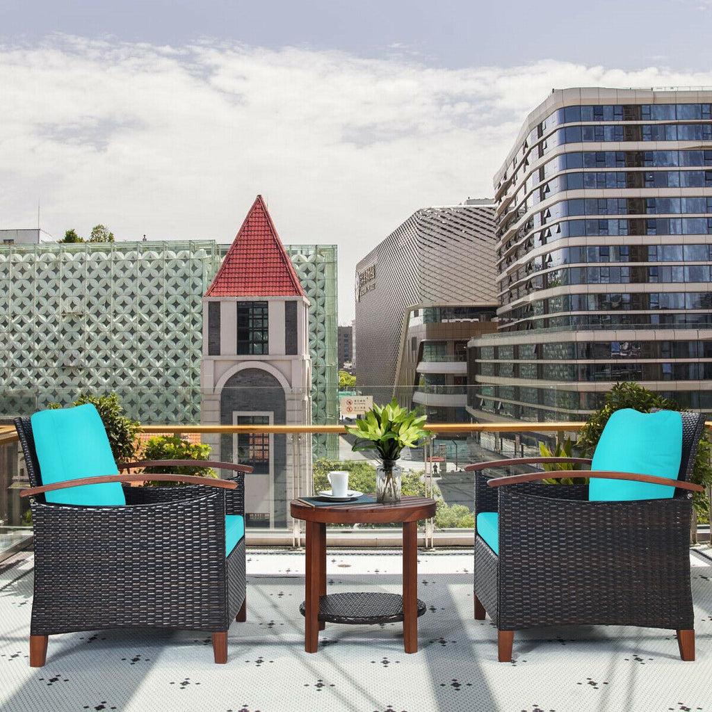 3-Piece Patio Wicker Furniture Set with Cushions - Turquoise