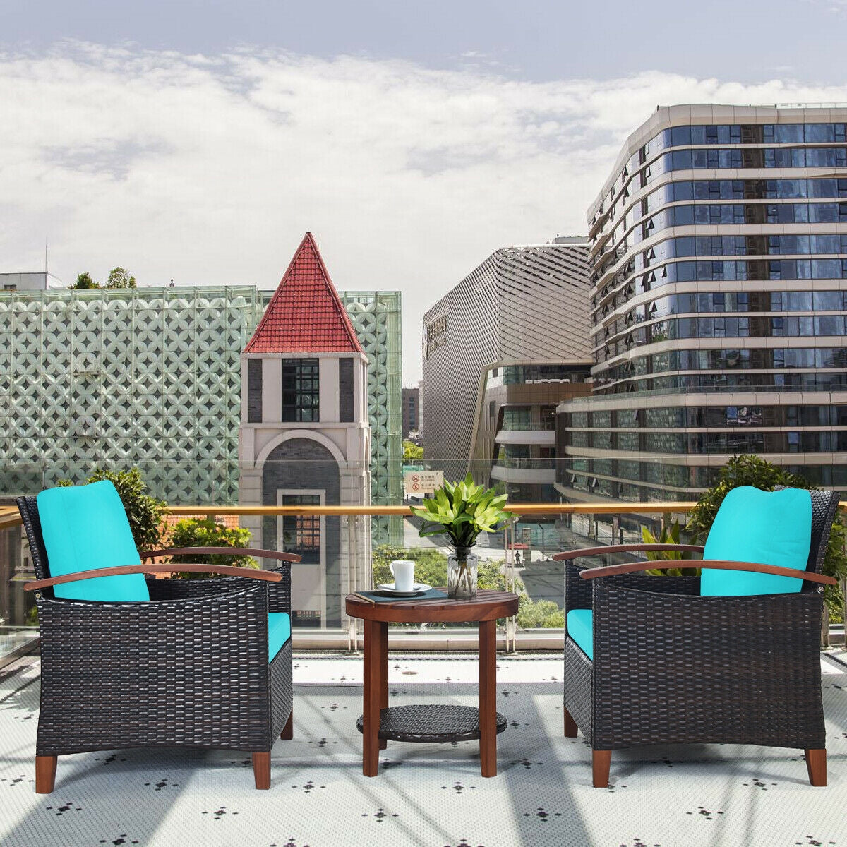 3-Piece Patio Wicker Furniture Set with Cushions - Turquoise