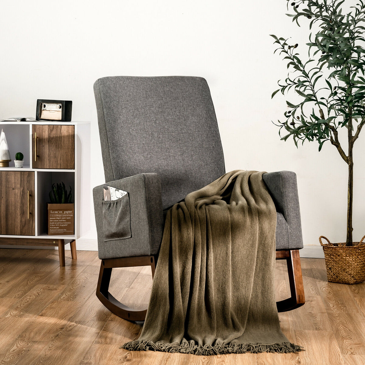 Rocking High Back Upholstered Armchair with Side Pocket - Gray