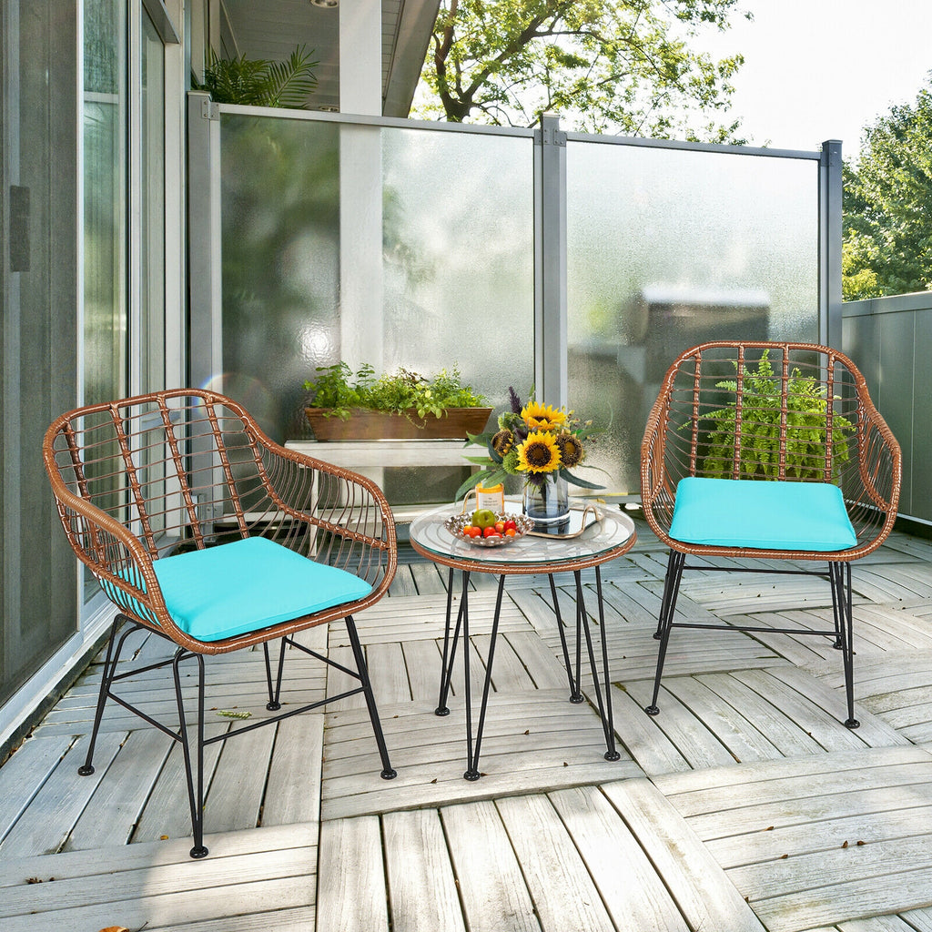 3 Pieces Patio Rattan Bistro Set with Cushion