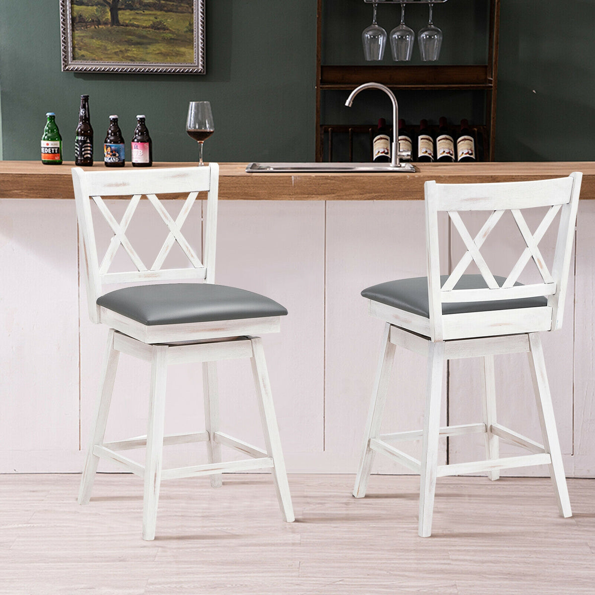 25 Inch Swivel Counter Height Bar Stools Set - Soft Cushion, White