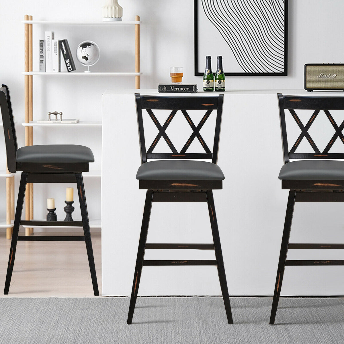 2-Piece Counter Height Barstool Set with Swivel Seat - White Cushion