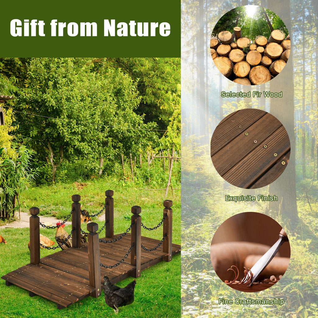 5 Feet Wooden Garden Bridge Arc Footbridge with Chain Railings - Fir Wood, 60 Inch L, Stained Finish