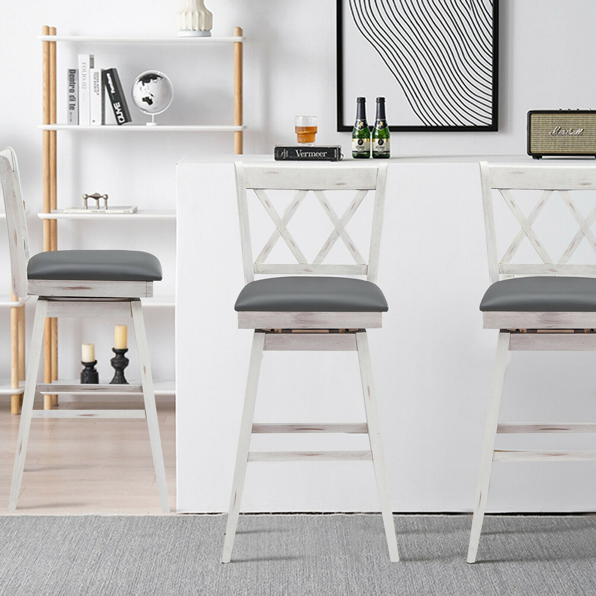 2-Piece Counter Height Barstool Set with Swivel Seat - White Cushion