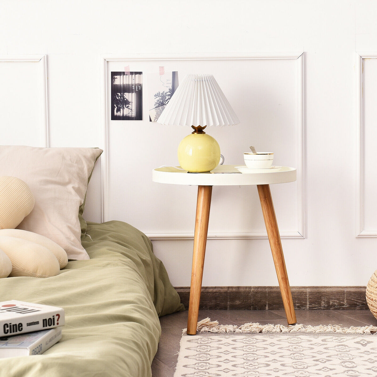 Mid Century Modern Round Coffee Table with Bamboo Feet, White