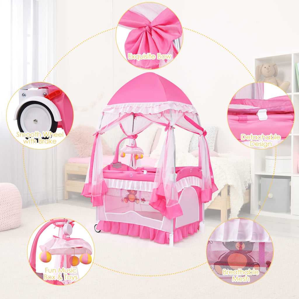 4-in-1 Portable Baby Playard with Carry Bag, Mosquito Net & Removable Bassinet - Pink