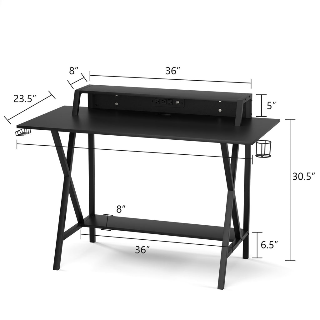 Gaming Desk with Monitor Shelf, Cup & Headphone Holder