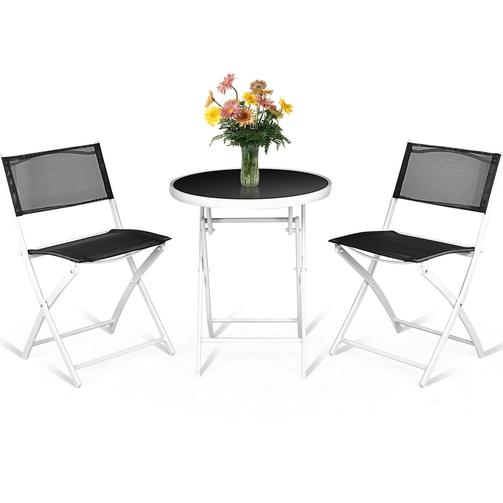 3-Piece Patio Bistro Set with Folding Chairs & Glass Table - Black Textile