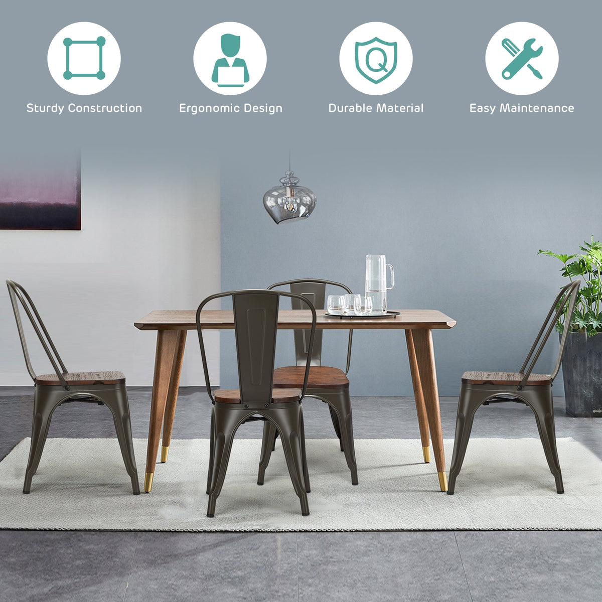 Stackable Metal Dining Chair Set of 4, Dark Green