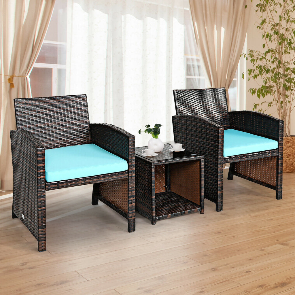3 Pieces PE Rattan Wicker Furniture Set with Cushion Sofa Coffee
