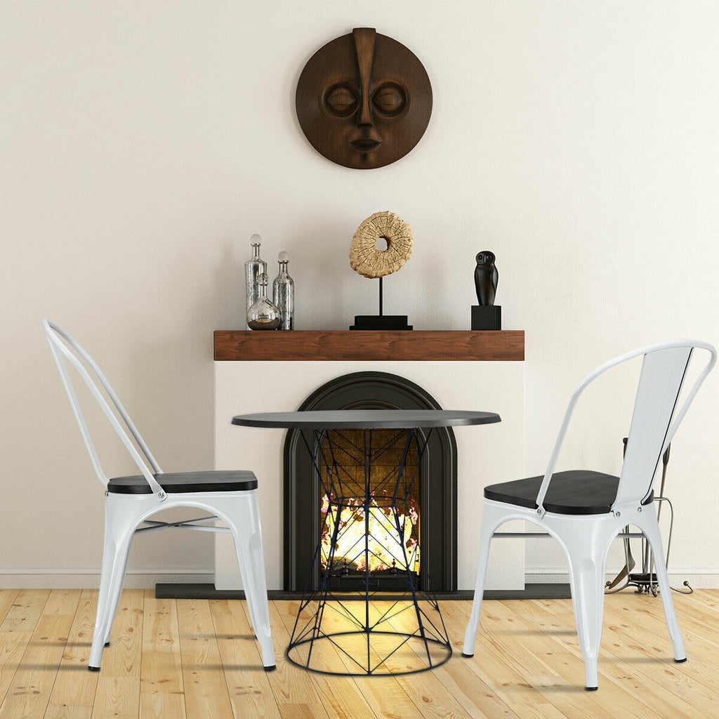 Metal Dining Chairs with Wood Seat Set of 4 - White