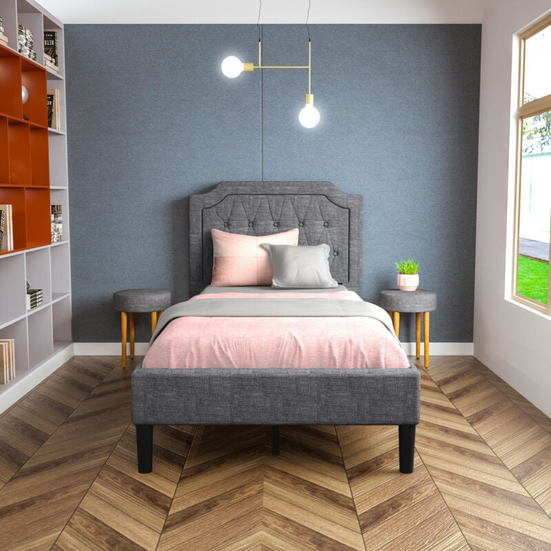 Twin Upholstered Platform Bed with Button-Tufted Headboard