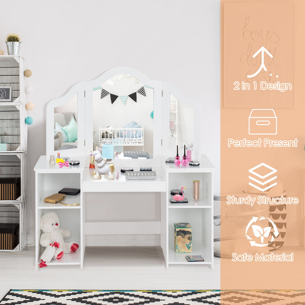 Kids Vanity Dressing Table with Tri-Fold Mirror & Storage - White, Detachable Design