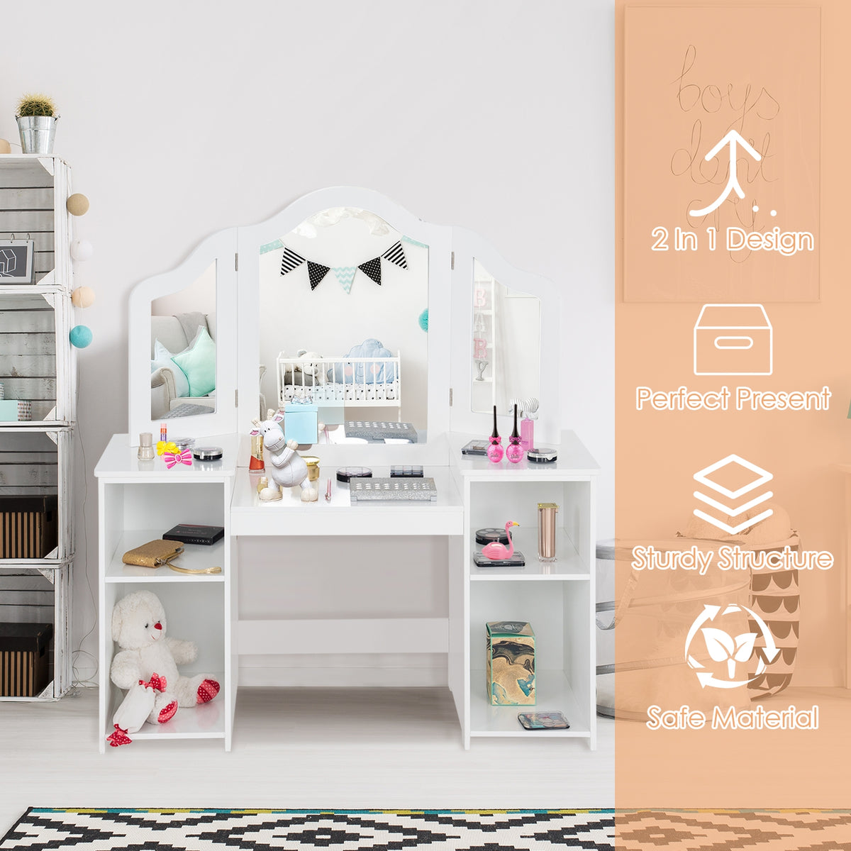 Kids Vanity Dressing Table with Tri-Fold Mirror & Storage - White, Detachable Design
