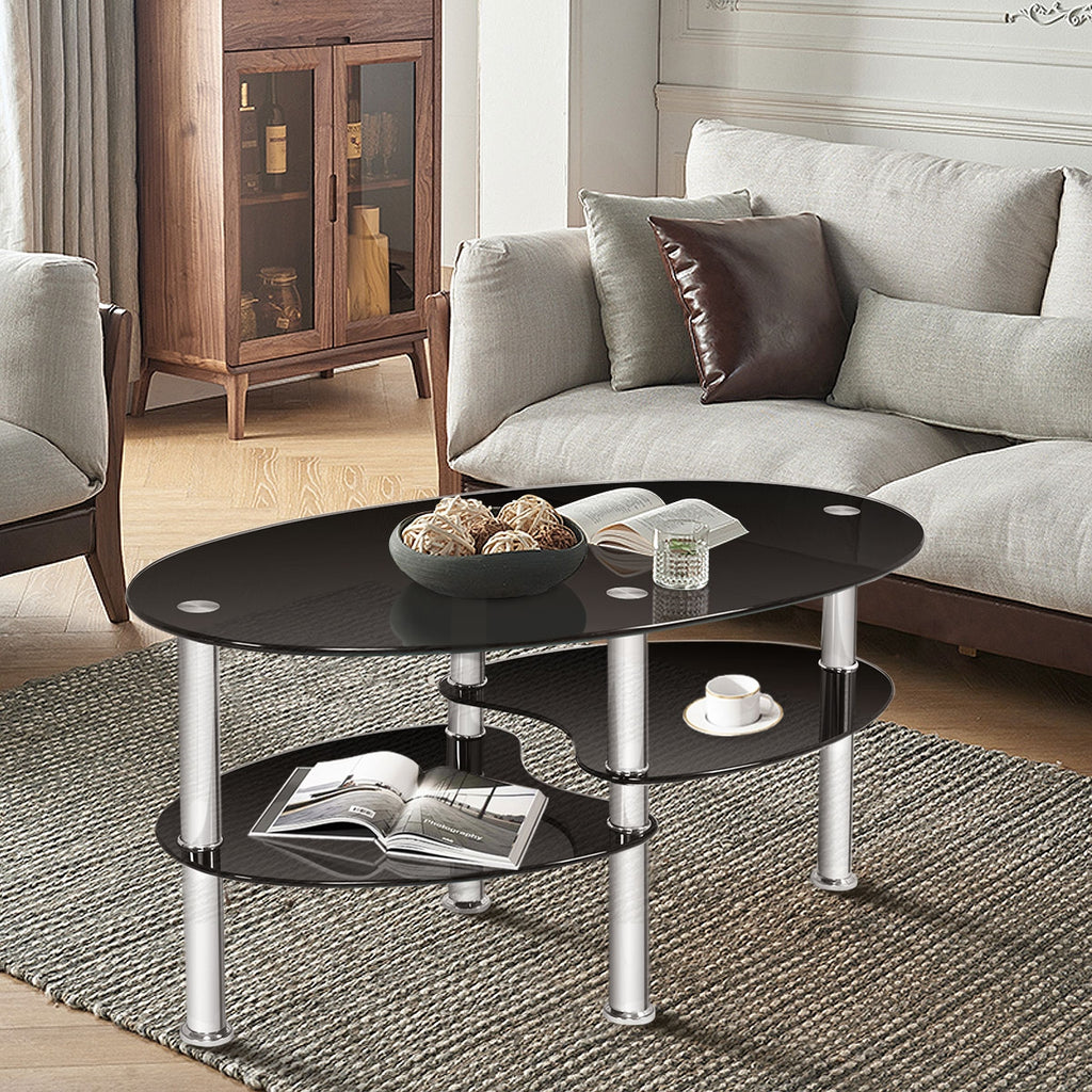 Tempered Glass Oval Coffee Table with Storage – Black