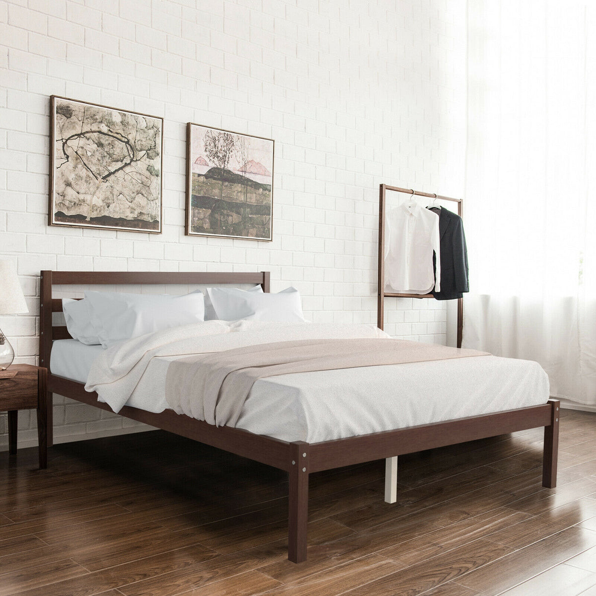 Full Size Bed Frame with Wooden Headboard & Slat Support