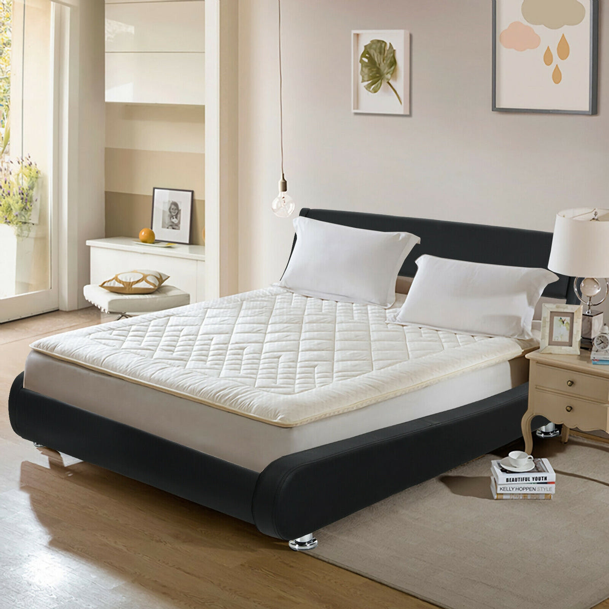 Full Size Platform Bed with Adjustable Headboard - Black Faux Leather