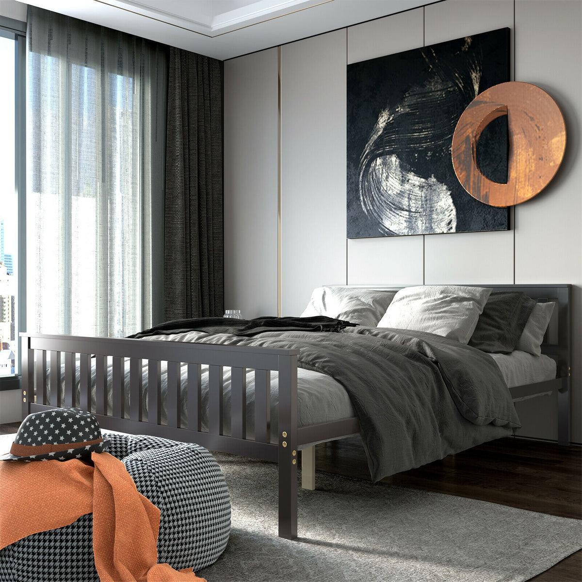 Wood Platform Bed with Headboard – Queen Size