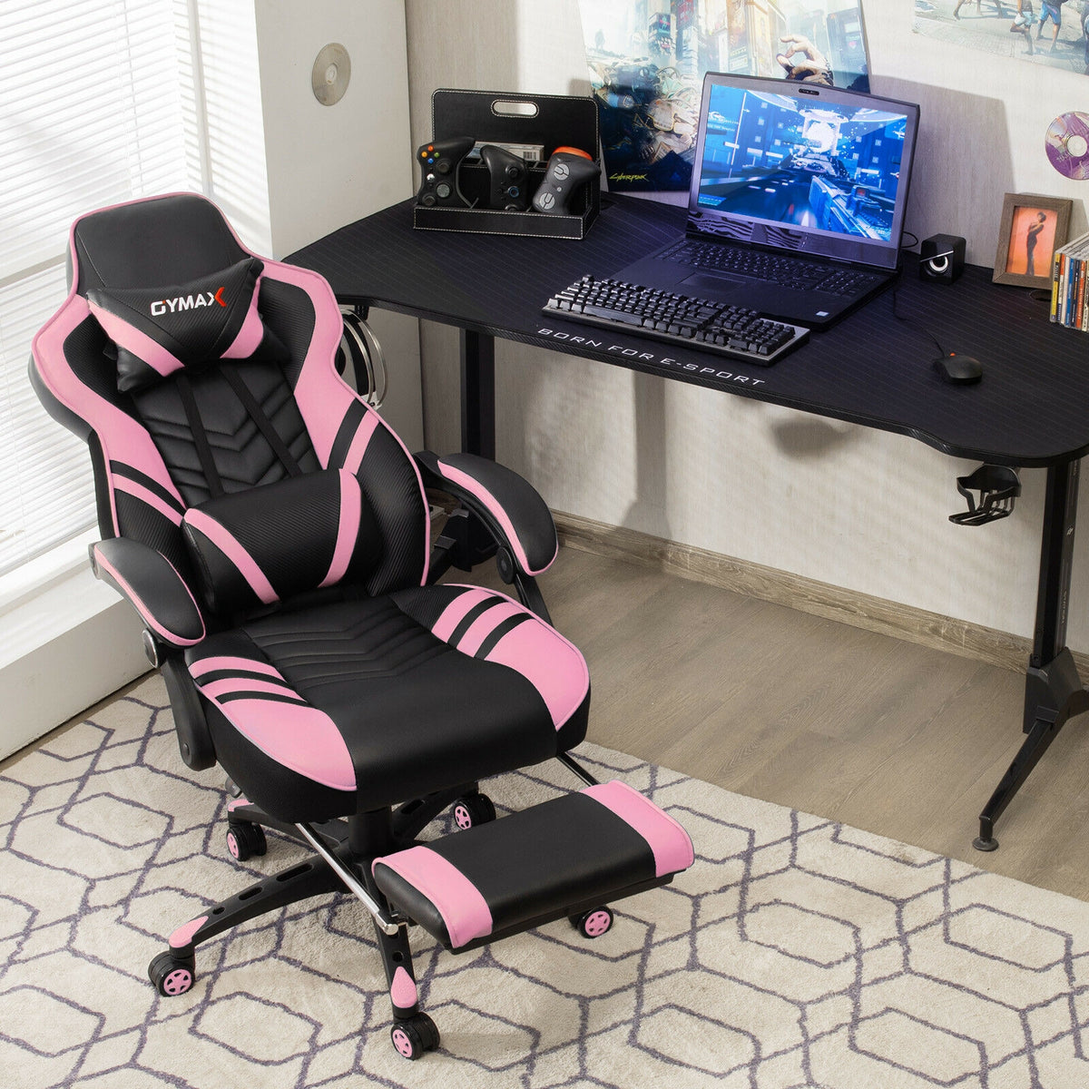 Adjustable Gaming Chair with Footrest, Pink