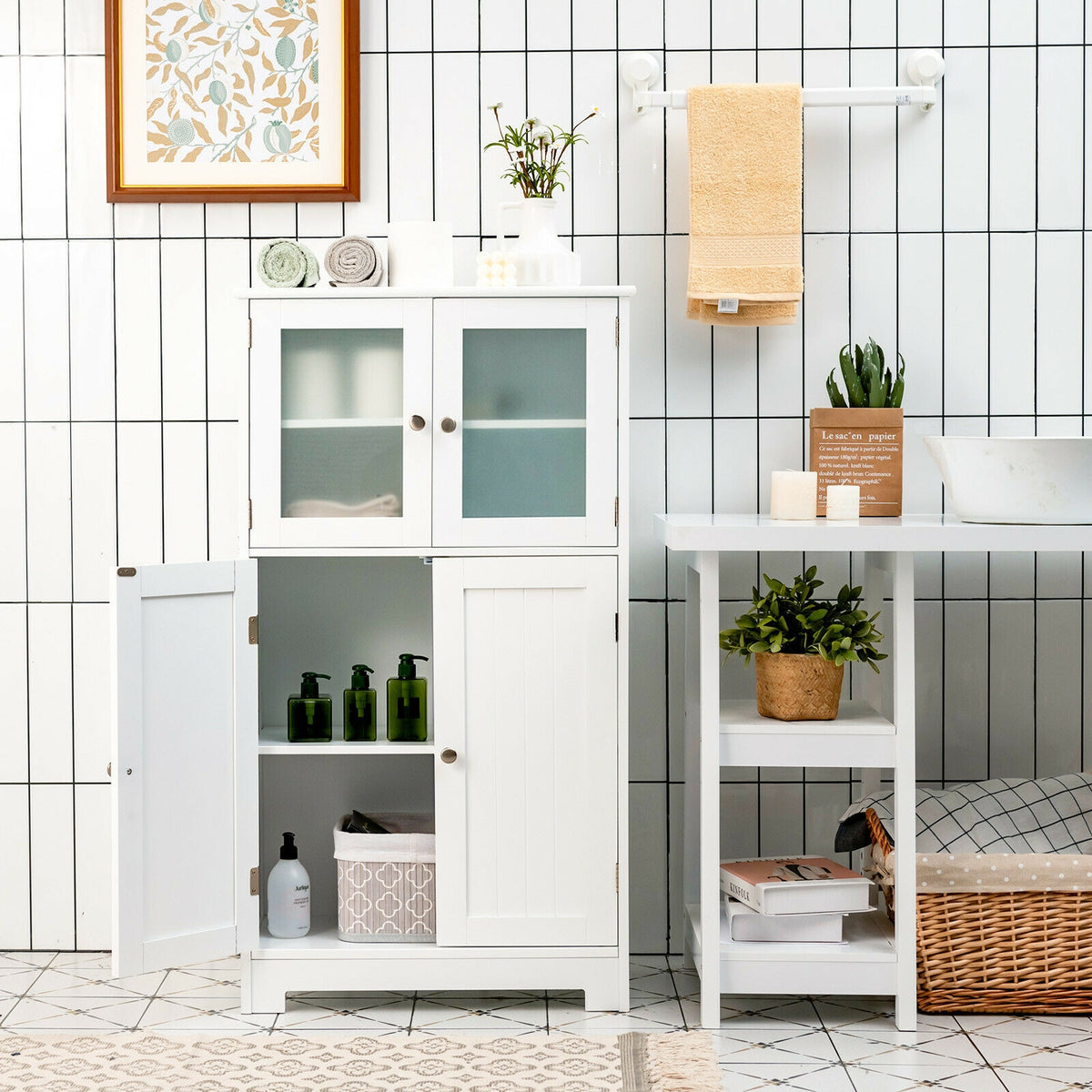 Bathroom Floor Storage Cabinet with Glass Doors and Adjustable Shelf