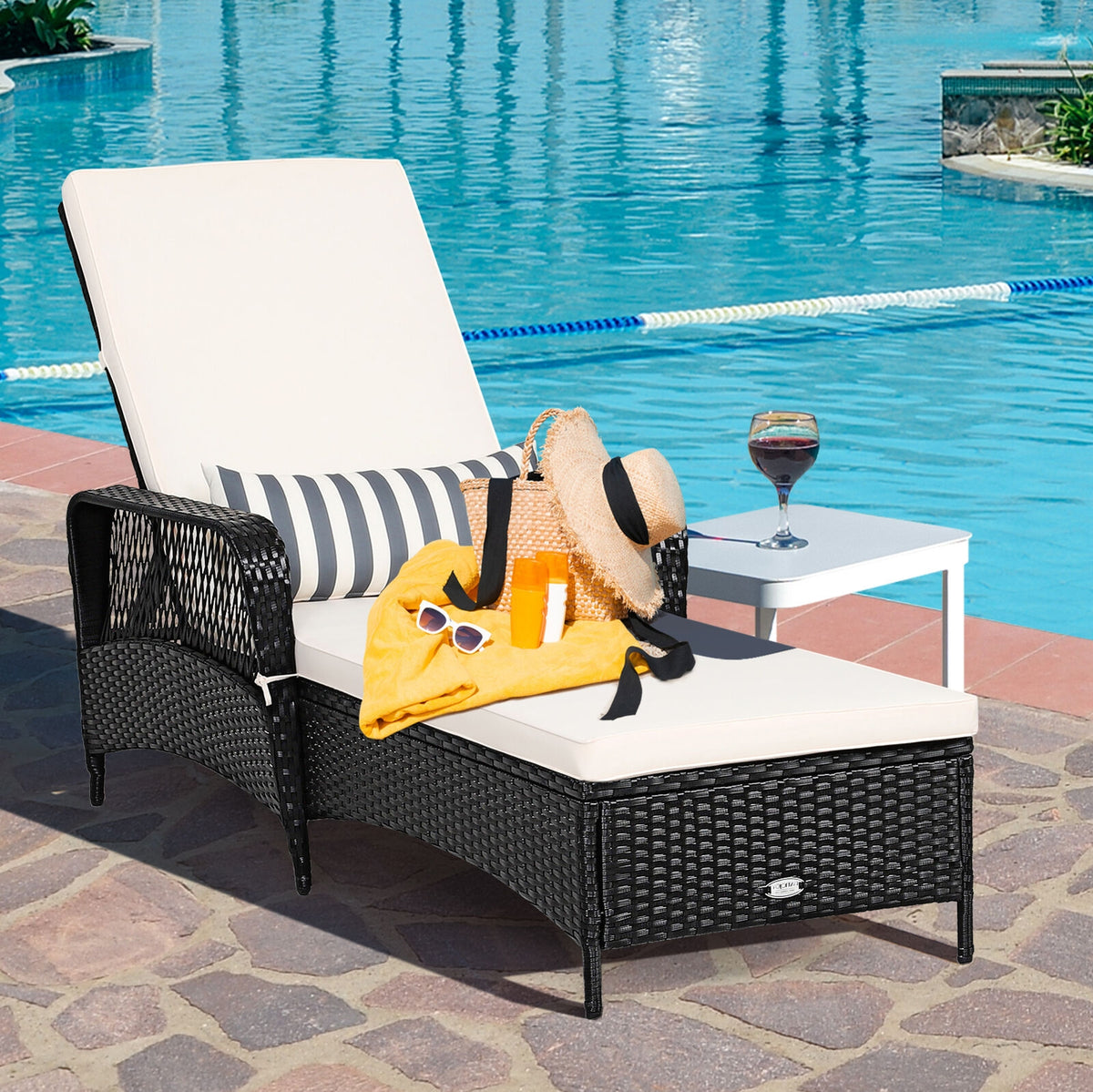 Patio Wicker Chaise Lounge Chair with Pillow and Adjustable Backrest