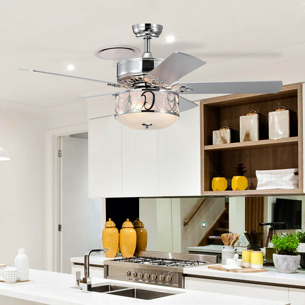52-Inch Ceiling Fan with Light Reversible Blades and Remote Control - Silver
