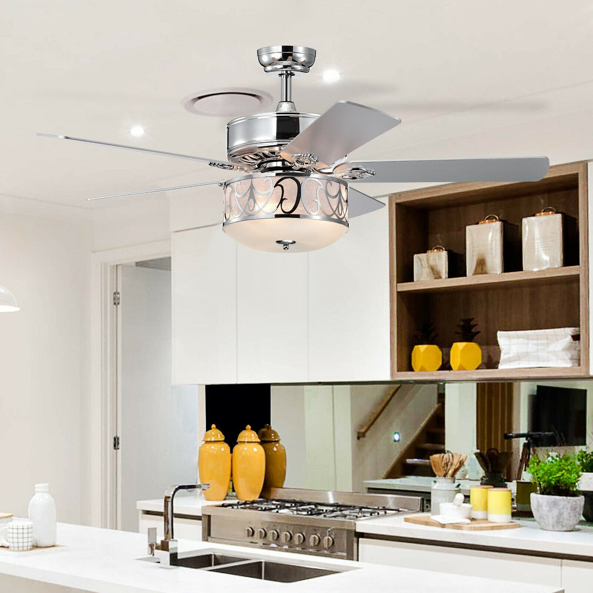 52-Inch Ceiling Fan with Light Reversible Blades and Remote Control - Silver
