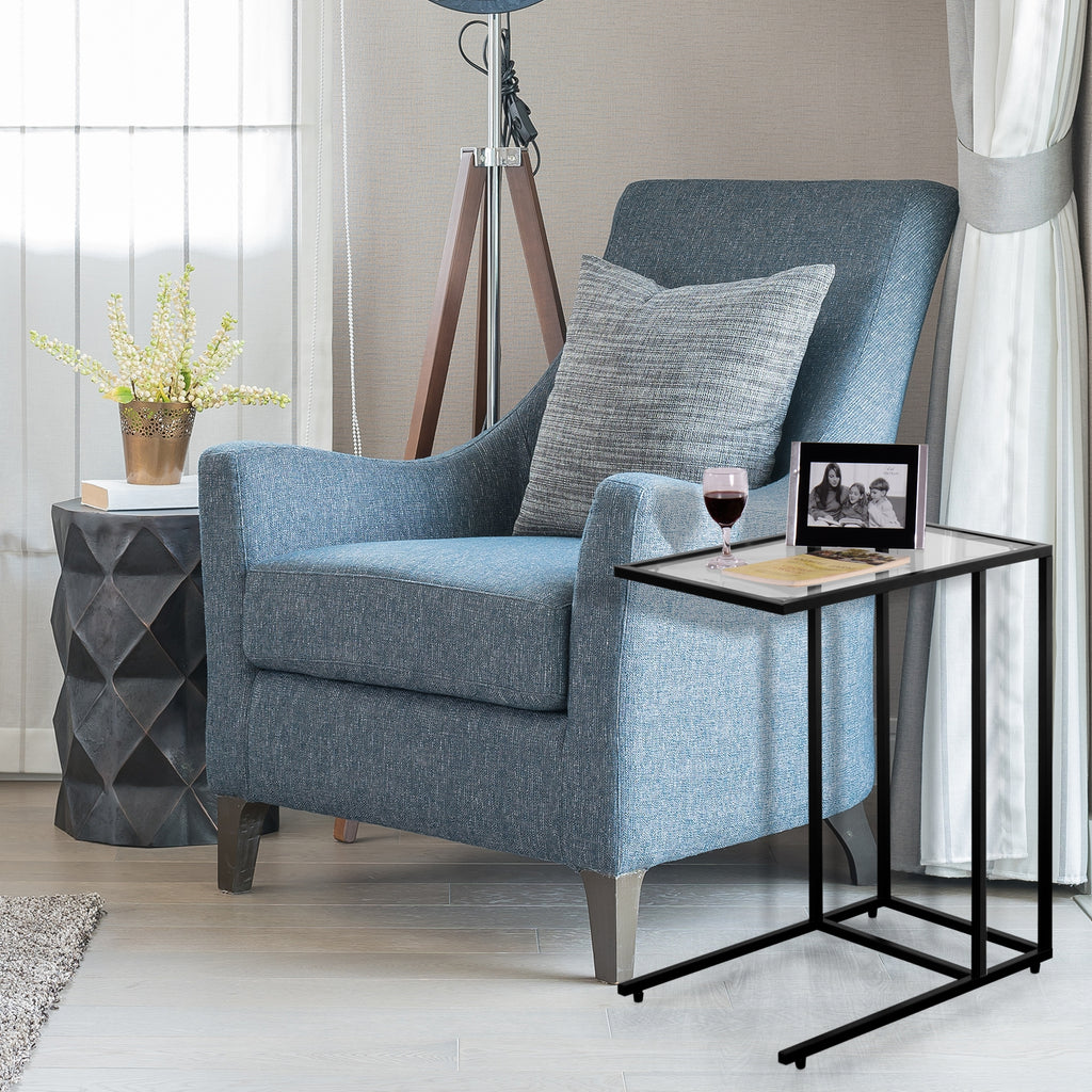 Glass Top End Table - Sofa Side Table with Steel Frame