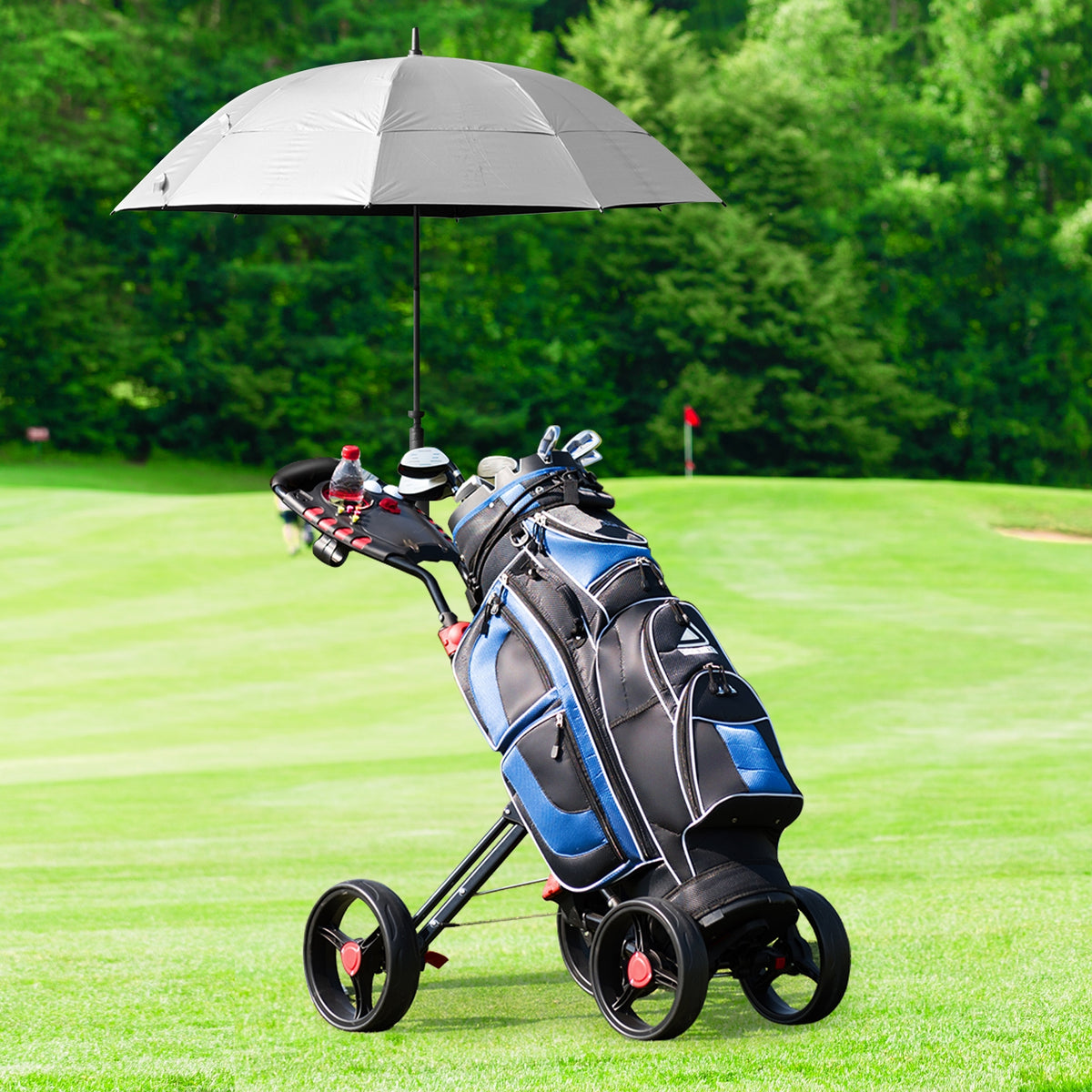 4 Wheel Folding Golf Push Cart Trolley with Adjustable Handle & Accessories
