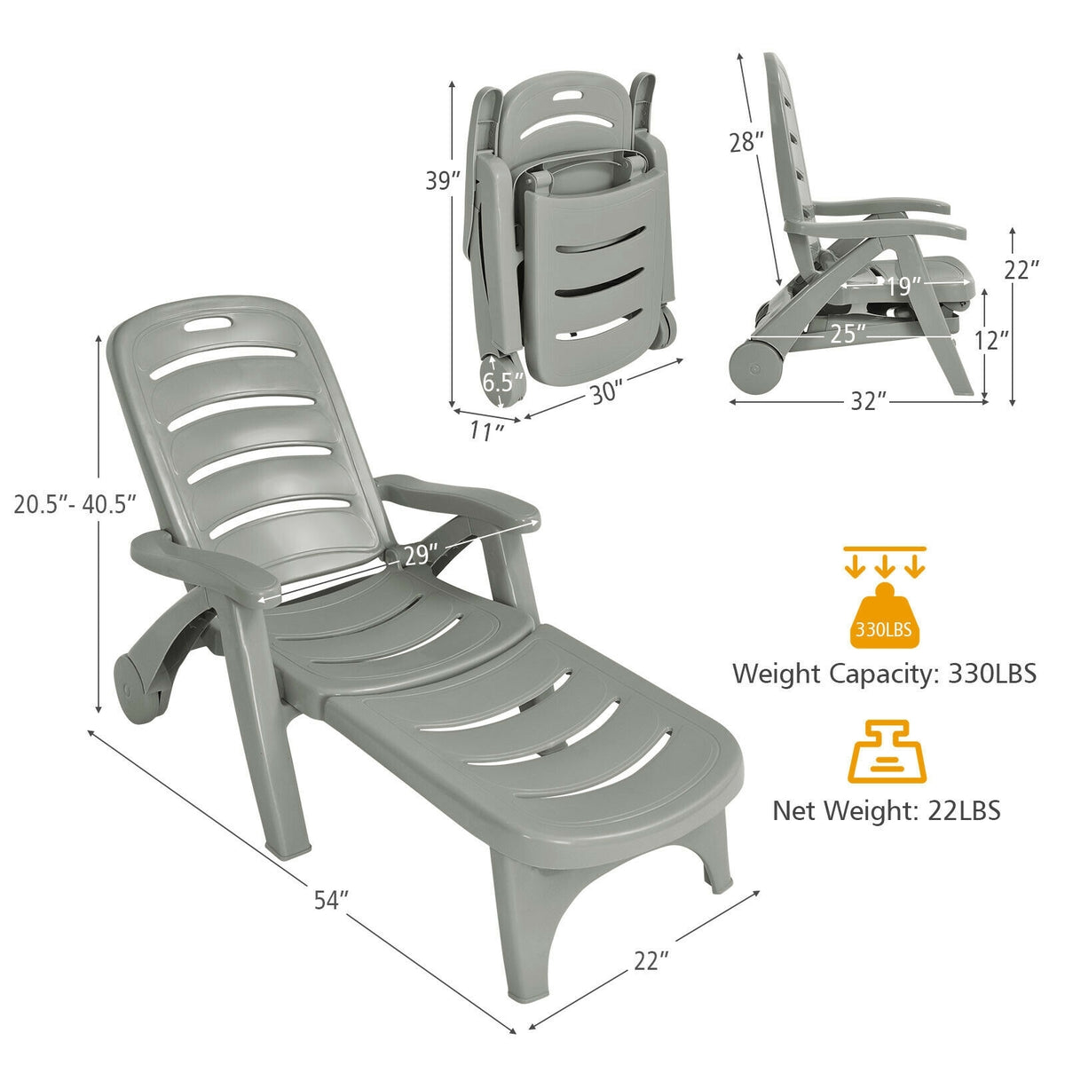 5-Position Adjustable Folding Chaise Lounge Chair with Wheels - Gray