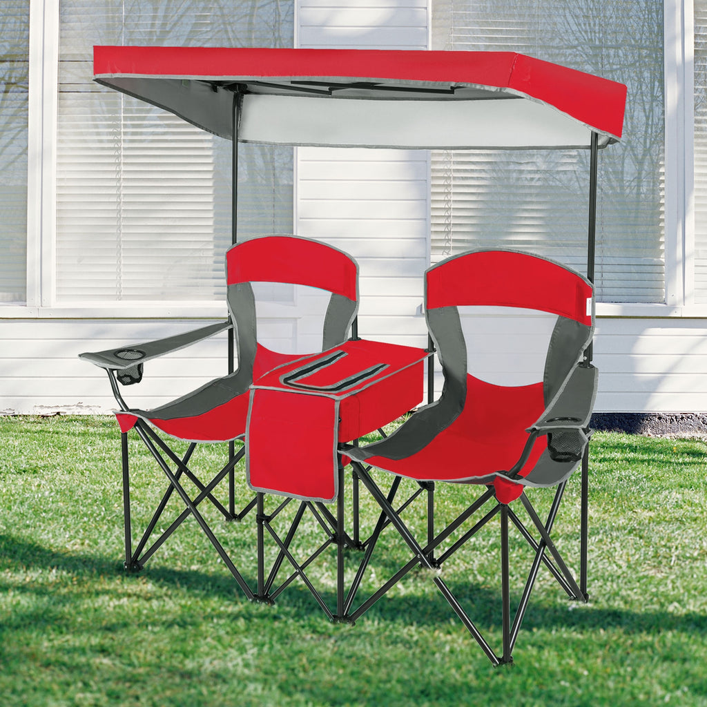 Portable Folding Camping Chair with Canopy & Cup Holder - Red