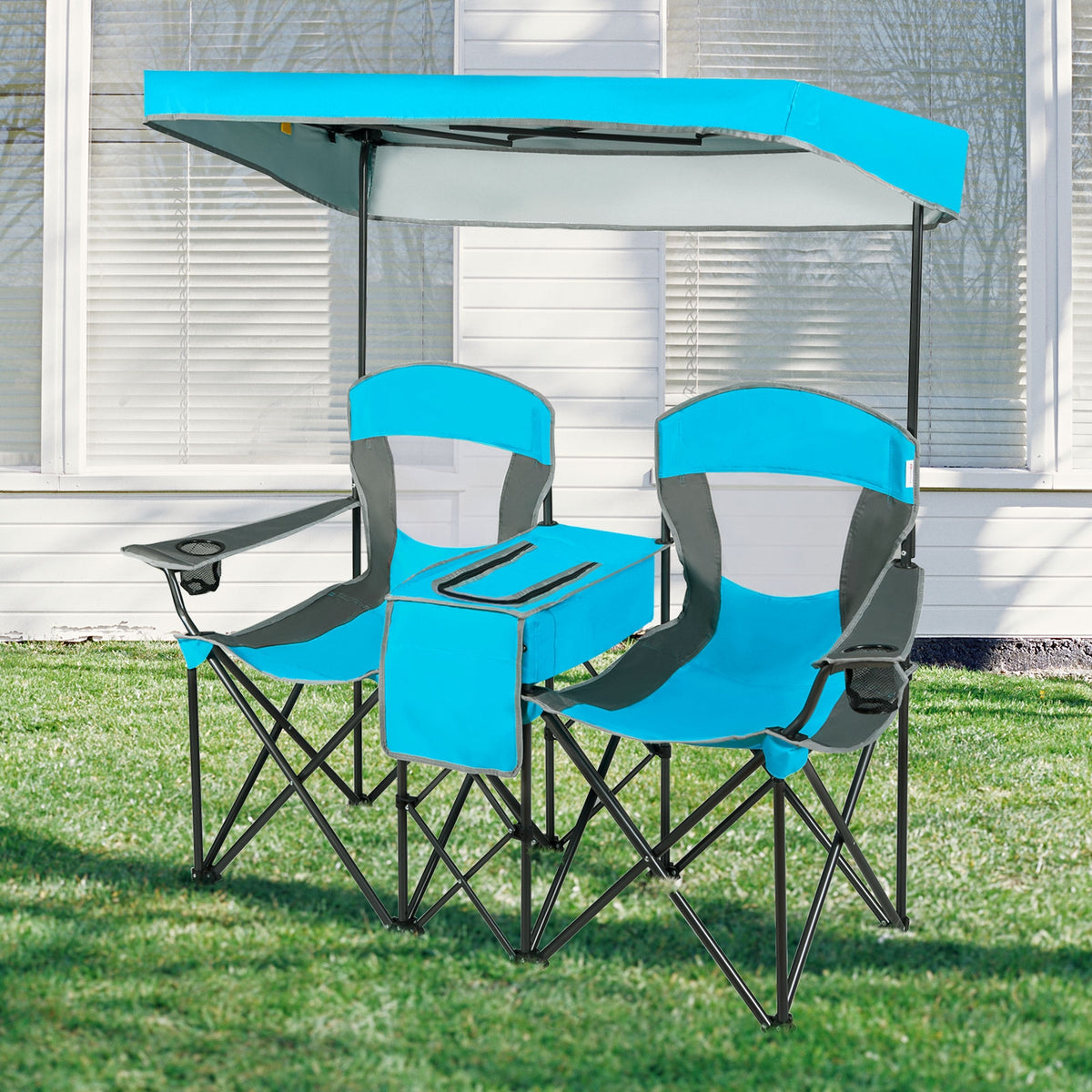 Folding Camping Chair with Canopy and Cup Holder - Blue