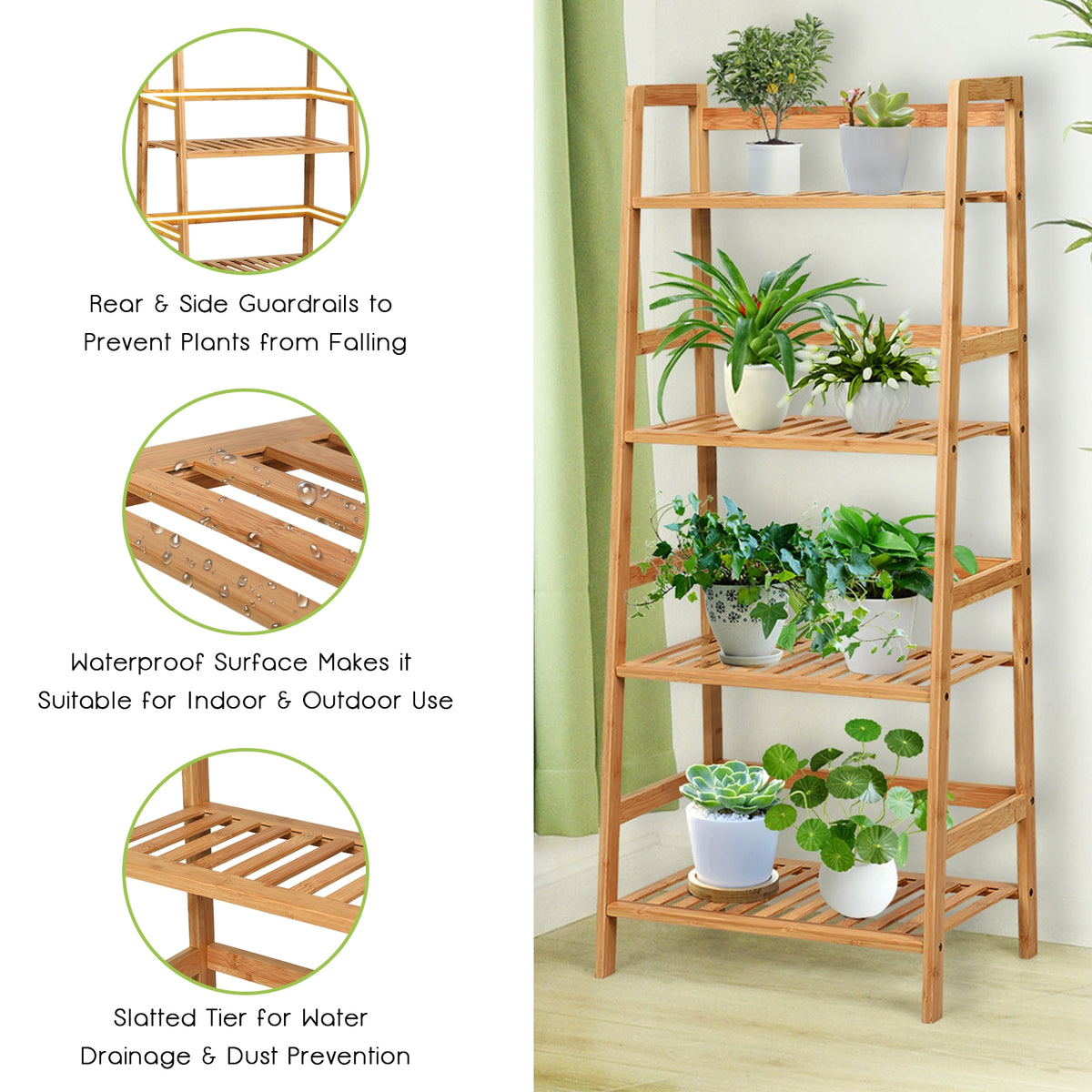 4-Tier Bamboo Plant Rack with Guardrails - Natural