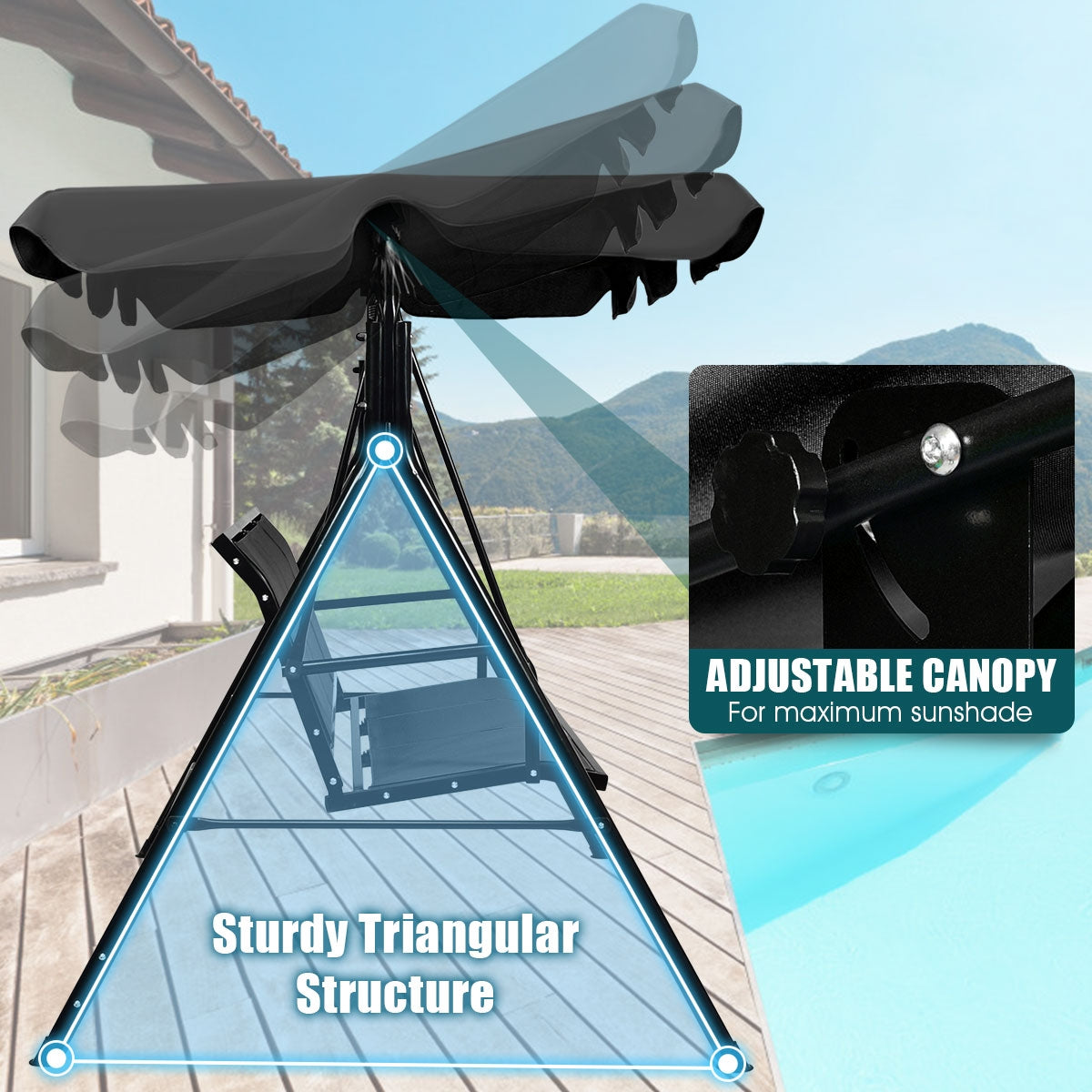 3-Person Patio Swing with Canopy – 50" x 16" Black