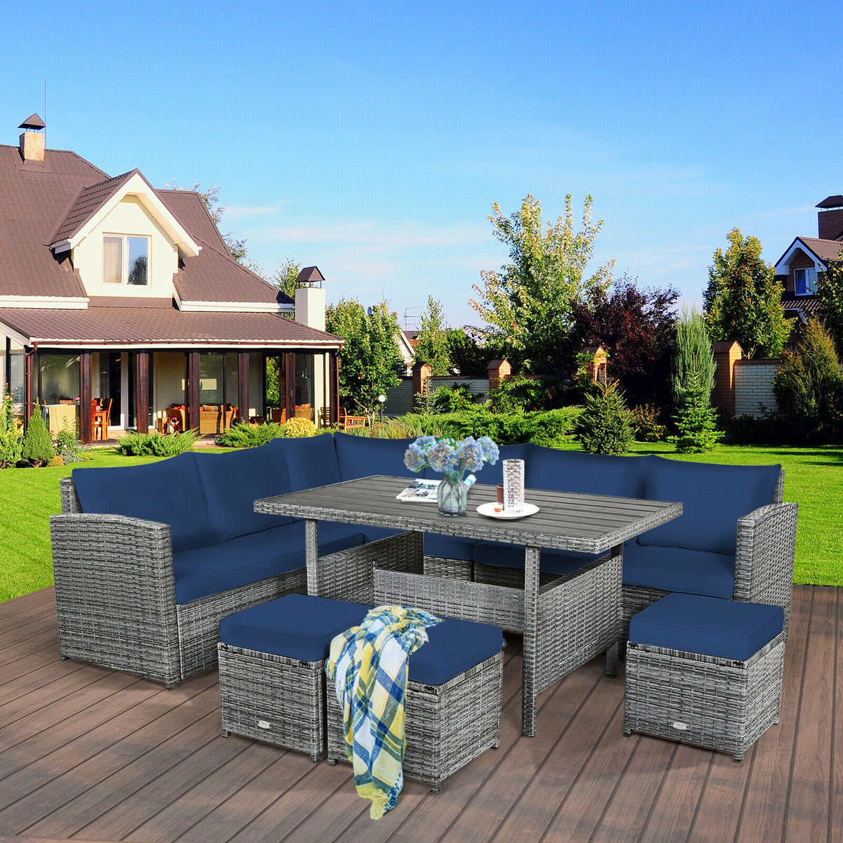 7-Piece Outdoor Wicker Sectional Sofa Set with Dining Table - Navy