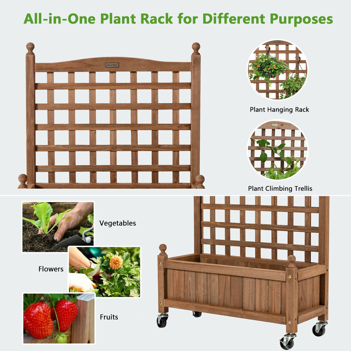 32in Wood Planter Box with Trellis Mobile Raised Bed for Climbing