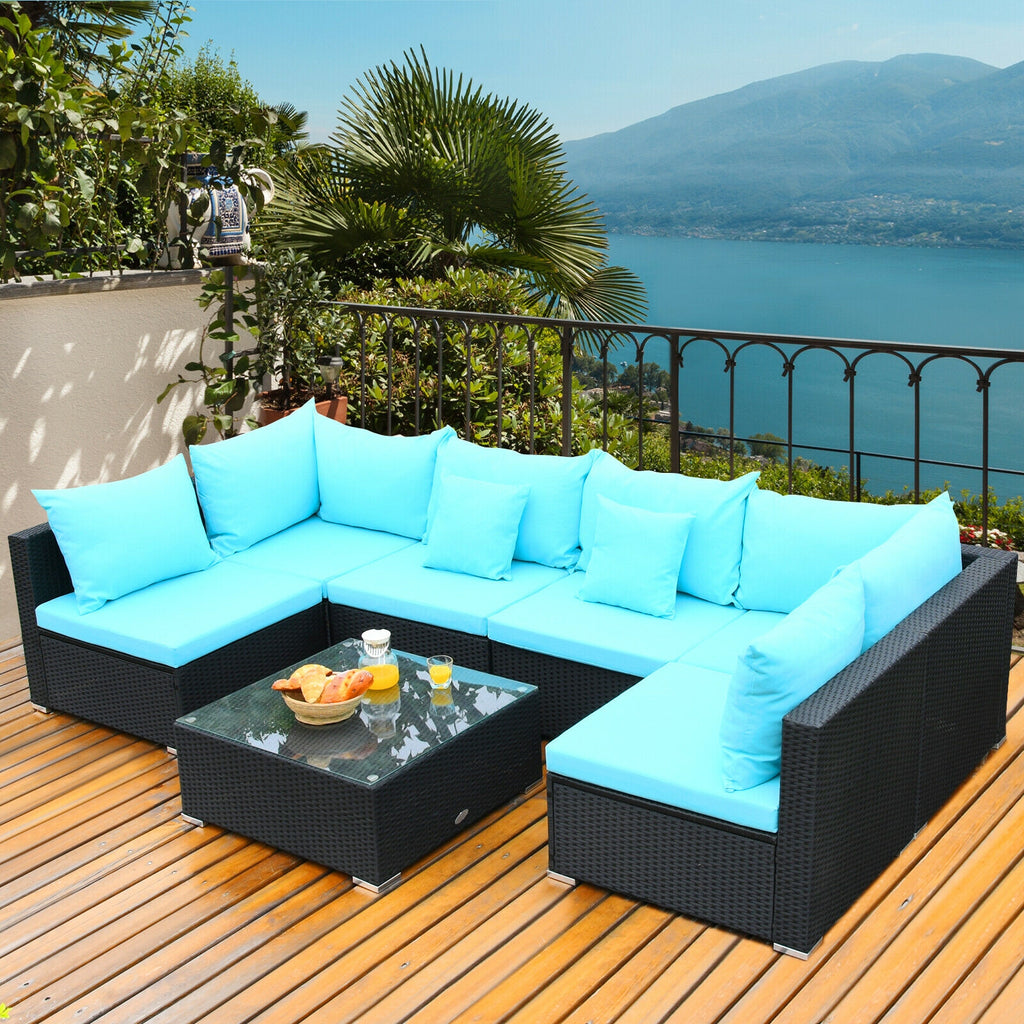 7 Pieces Sectional Wicker Sofa Set with Coffee Table - Black Rattan, Blue