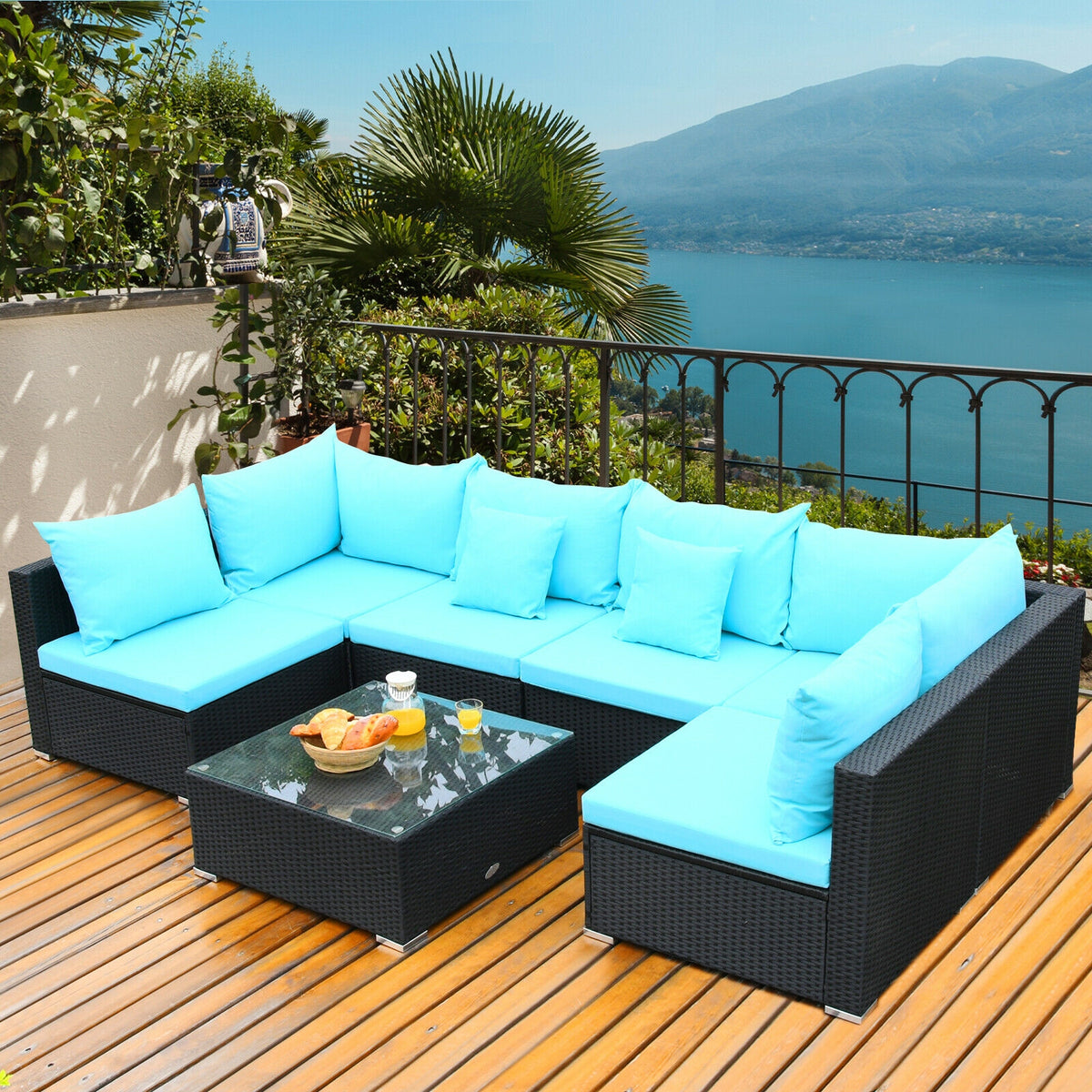 7 Pieces Sectional Wicker Sofa Set with Coffee Table - Black Rattan, Blue