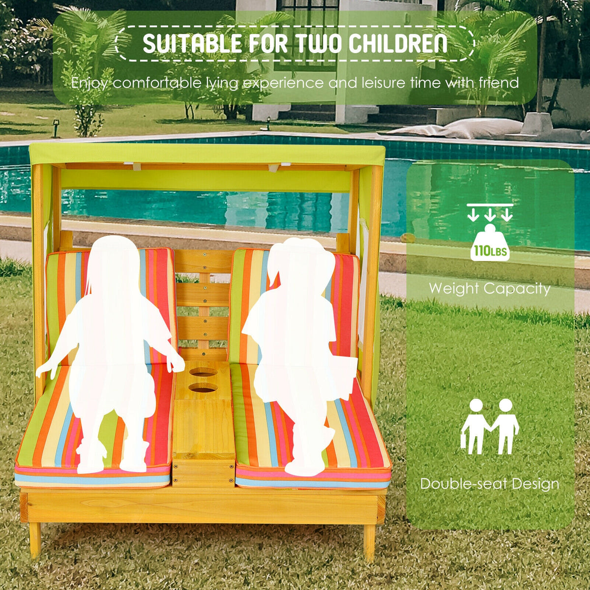 Kids Patio Lounge Chair with Cup Holders & Awning - Multicolor - for Children 3-8