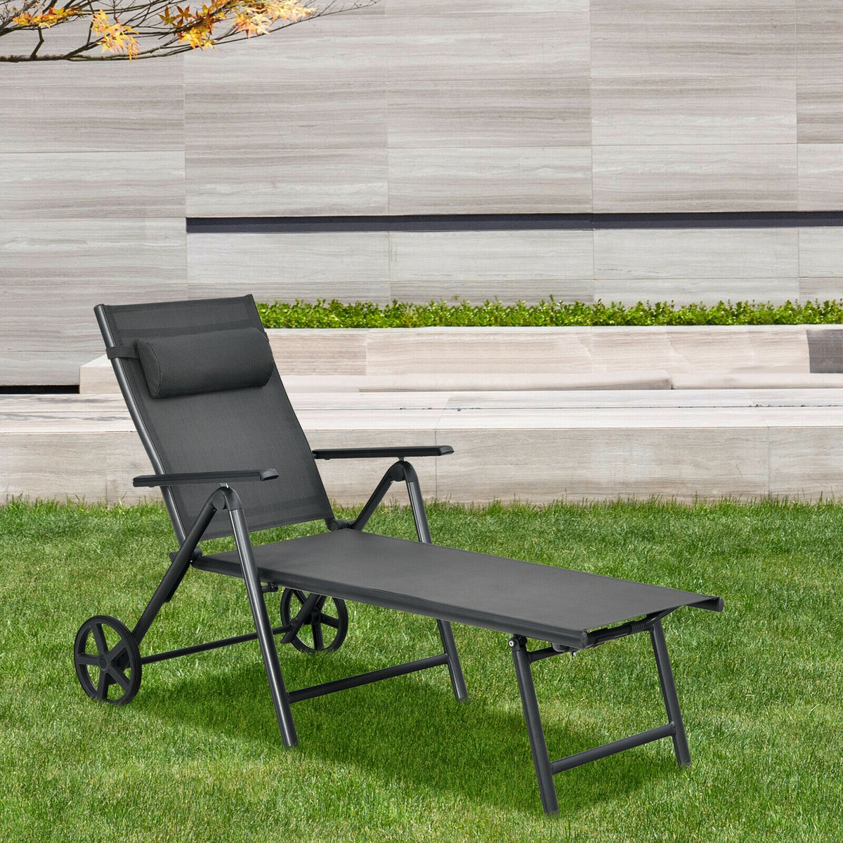 Patio Lounge Chair with Wheels Neck Pillow Aluminum Frame Adjustable
