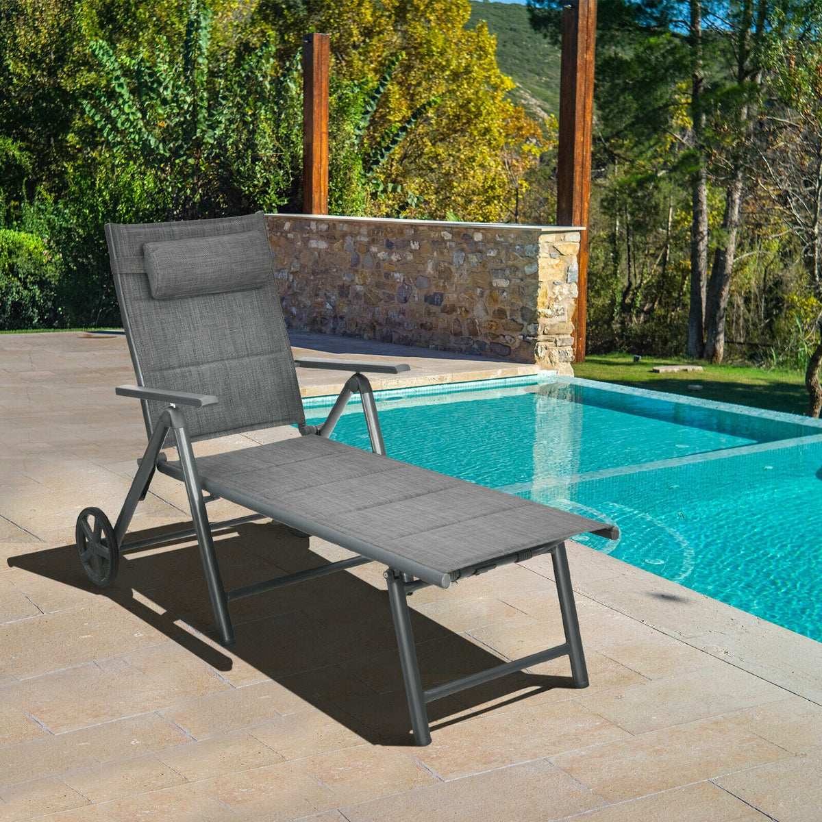 Patio Reclining Chaise Lounge with Adjustable Pillow - Gray