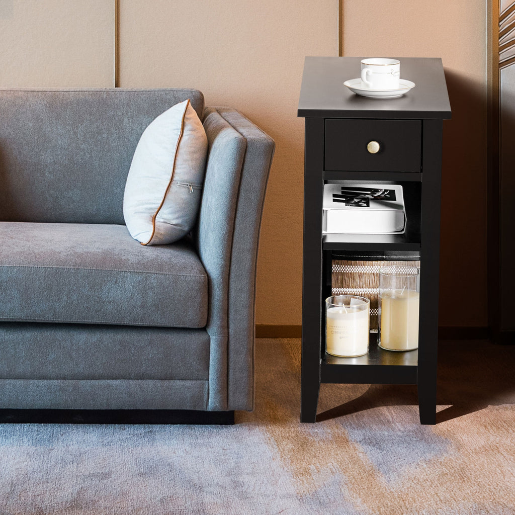 3-Tier End Table with Drawer and Shelves - Black