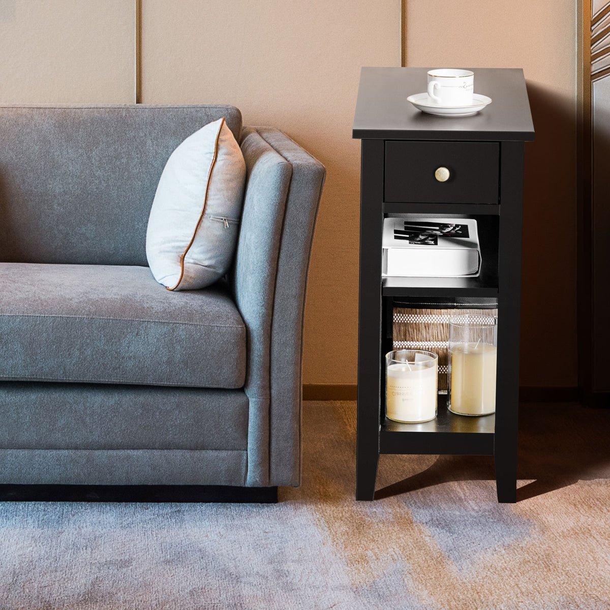 3-Tier End Table with Drawer & Shelves – Black