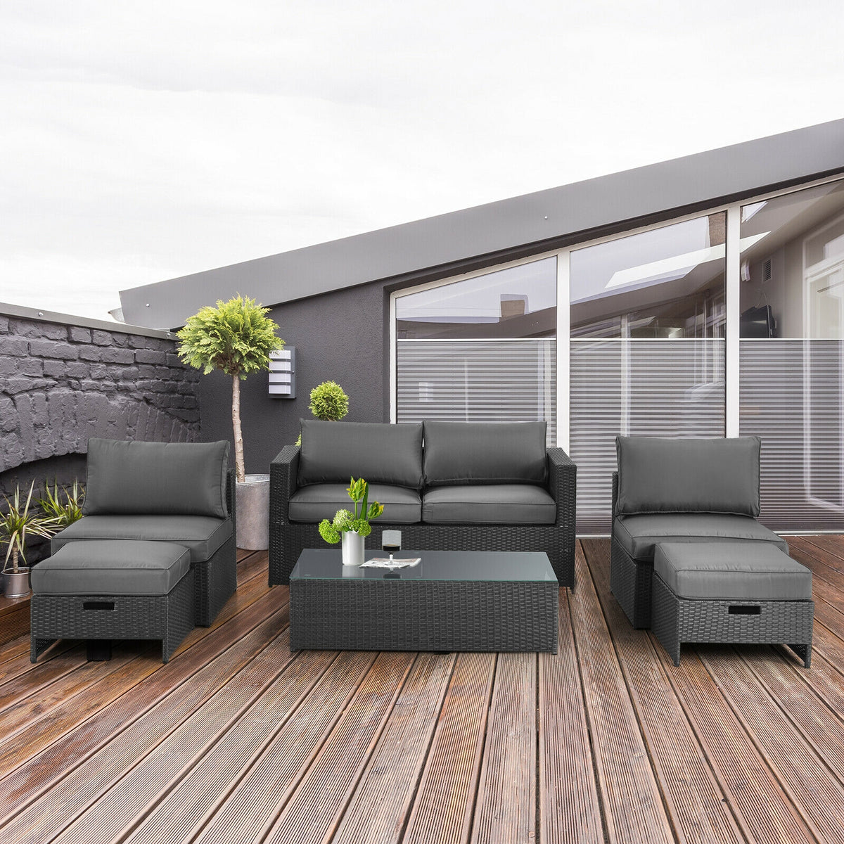 6-Piece Patio Rattan Furniture Set with Glass Table - Gray