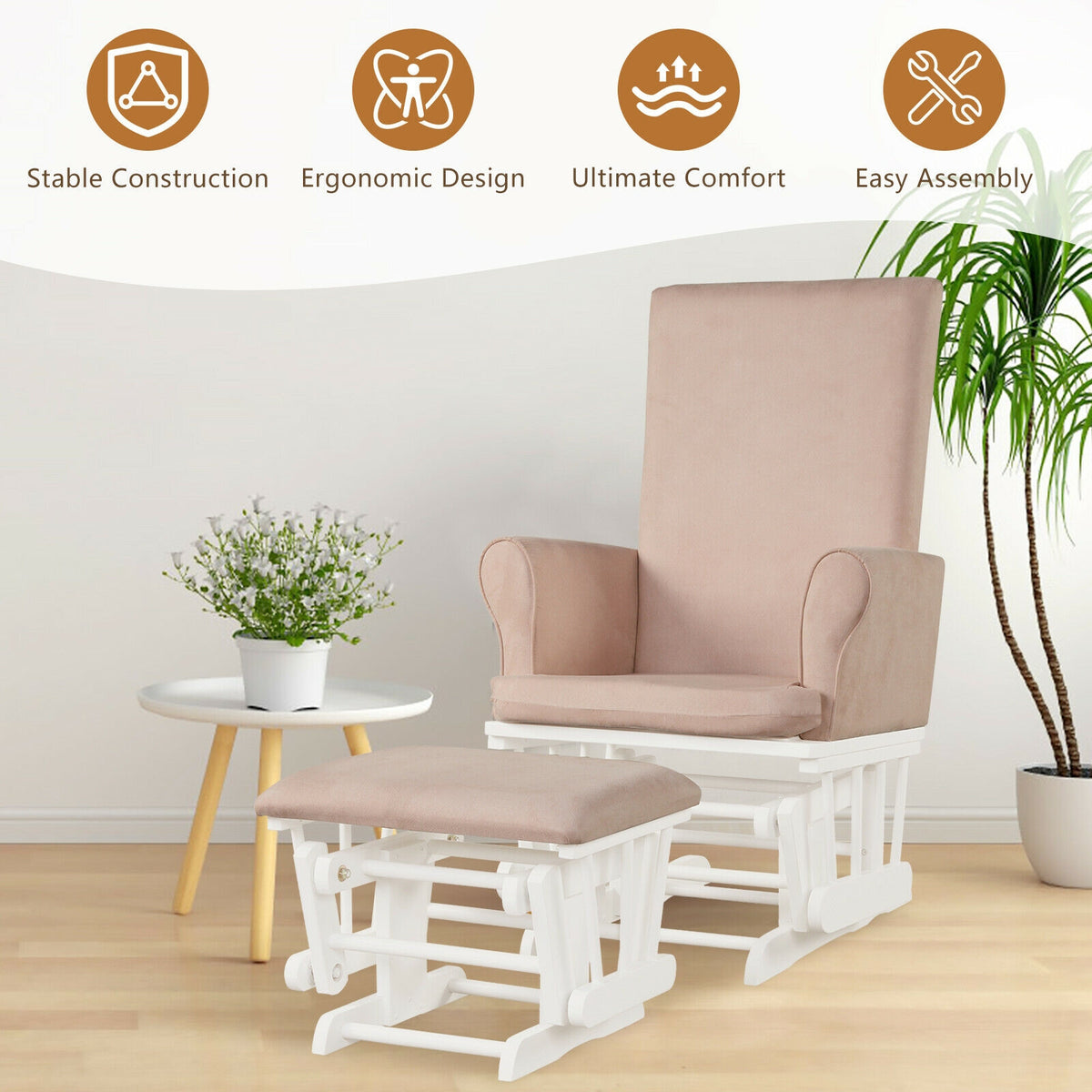 Nursery Glider Rocking Chair with Ottoman Set - Pink Rectangular Backrest