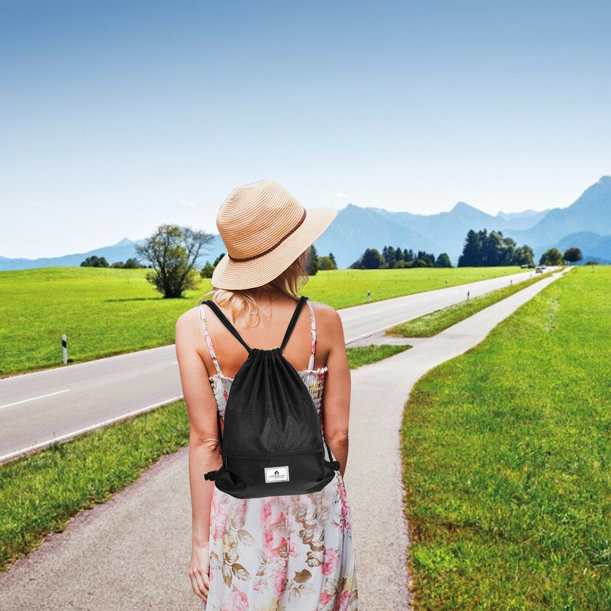 Drawstring Backpack with Zipper Pocket - Black