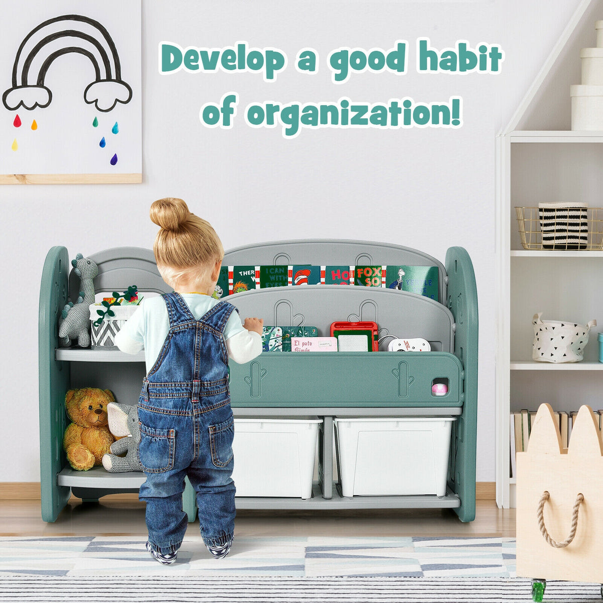 Kids Toy Storage Organizer with 2-Tier Bookshelf and Plastic Bins - Safe, Durable & Kid-Friendly
