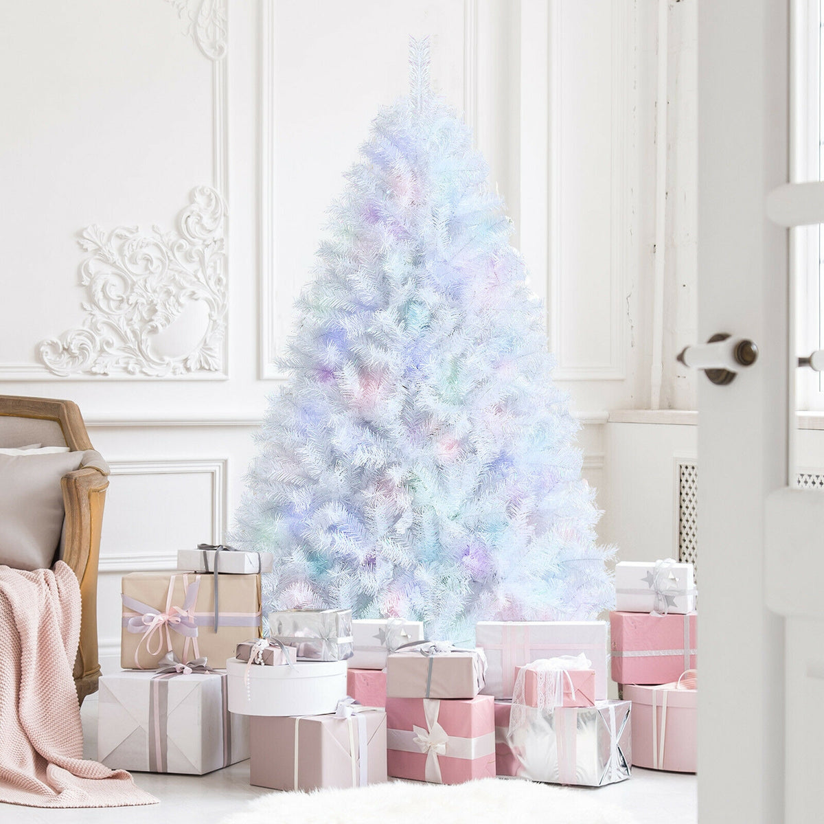 White 6 ft Artificial Christmas Tree with Iridescent Tips & Metal Stand - Foldable & Durable