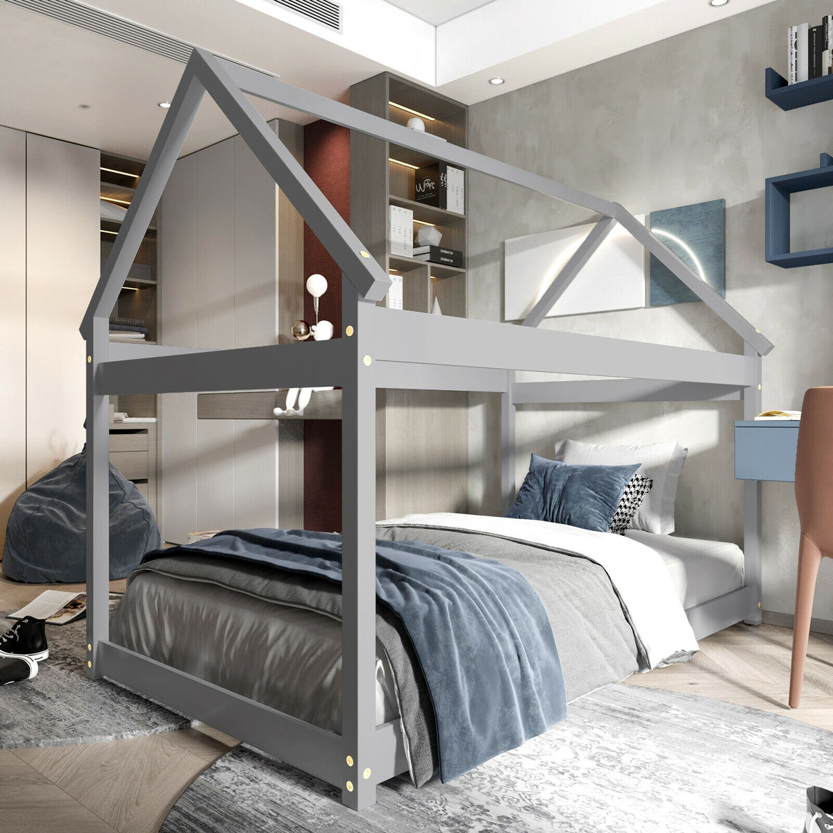 Twin Size Kids House Bed Frame with Roof - Gray